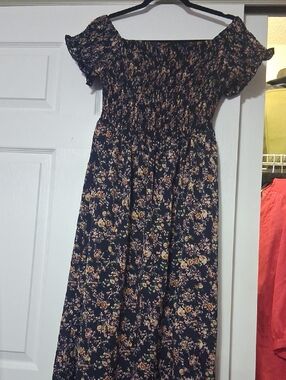 SHEIN Navy Floral Smocked Off-Shoulder Maxi Dress